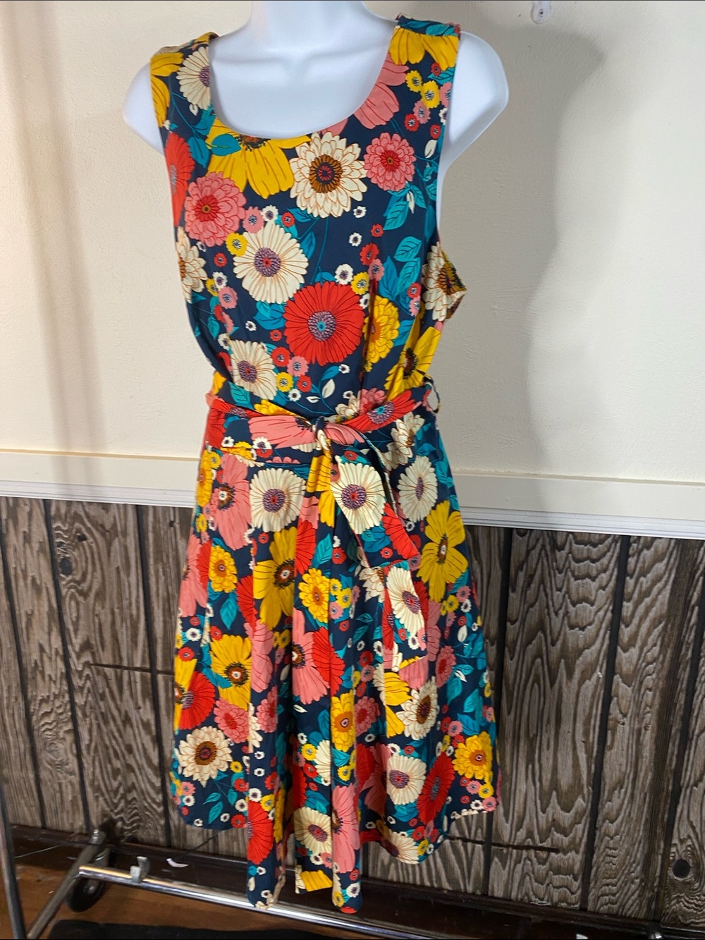Floral Teal Sleeveless Tie-Waist Mini Dress